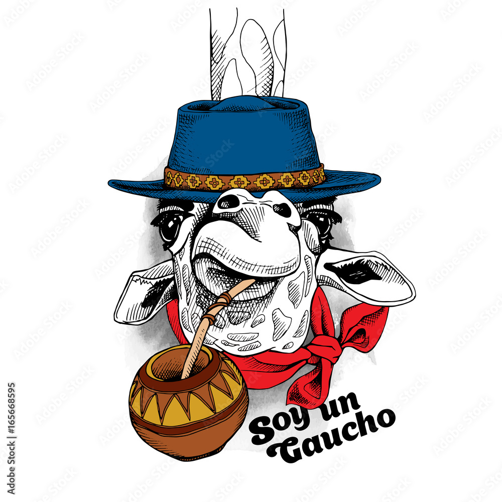 Obraz premium Portret żyrafy w niebieskim kapeluszu, w czerwonym krawacie i filiżance herbaty mate. Tekst w języku hiszpańskim „I am Gaucho”. Ilustracji wektorowych.
