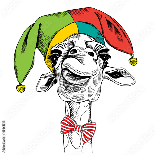 Giraffe portrait in a fool's hat. Vector illustration.