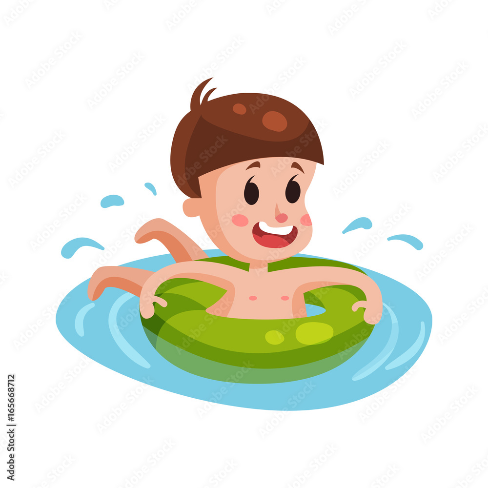 Happy boy swimming with green inflatable buoy, kid having fun in the pool or the sea colorful character vector Illustration