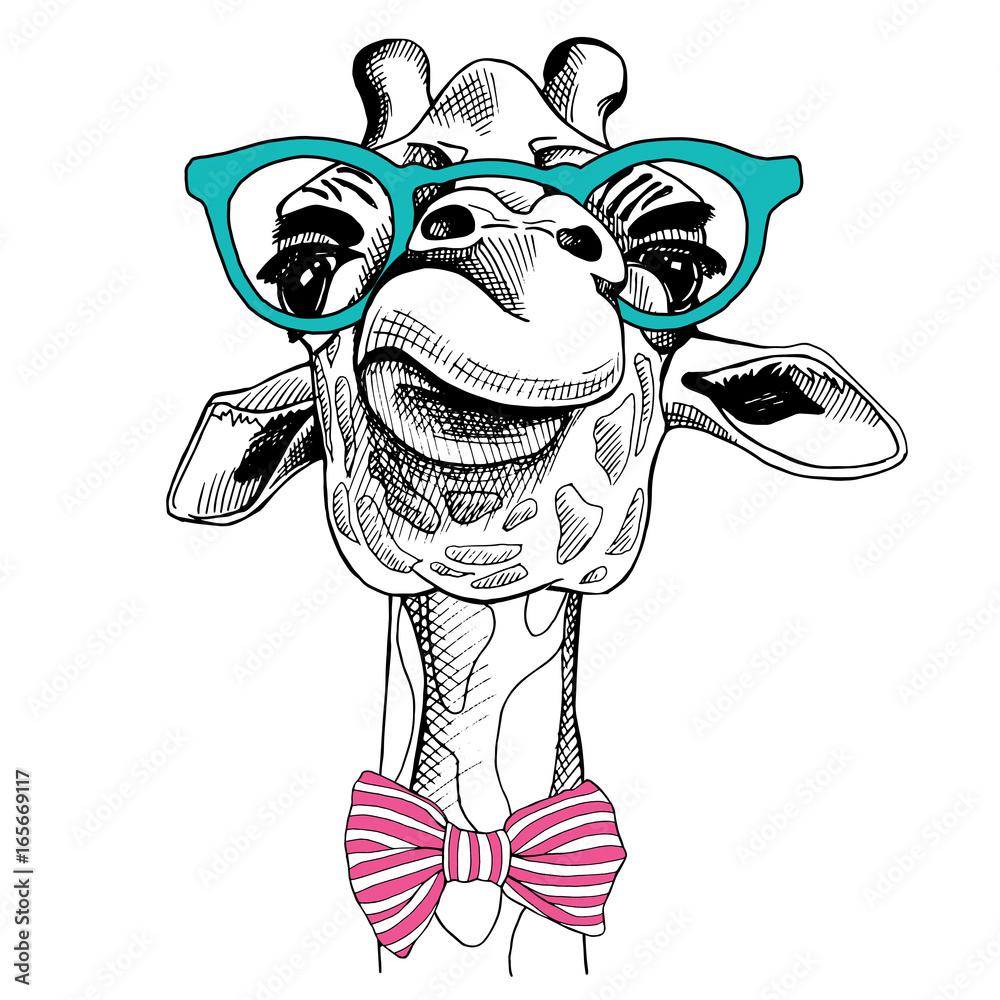 Fototapeta premium Portret żyrafa w okularach iz krawatem. Ilustracji wektorowych.