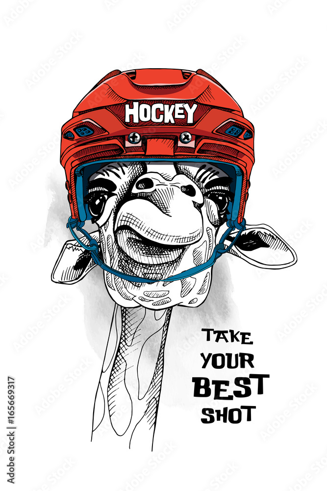 Naklejka premium Żyrafa w czerwonym kasku hokejowym. Ilustracji wektorowych.