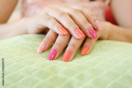 beautiful fingernail manicure acrylic nail polish of woman beauty