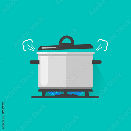 Pan with steam on gas stove fire cooking some boiling food vector illustration isolated, flat cartoon saucepan on kitchen stove