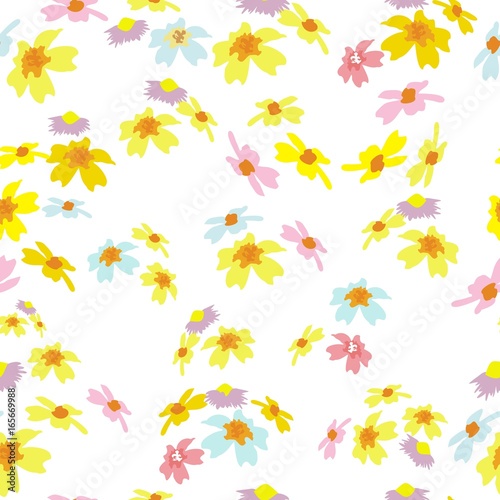 seamless pattern with colorful field flowers on a white background.  Delicate fashionable background for textiles  gift wrap  covers  print  and various designs. vector