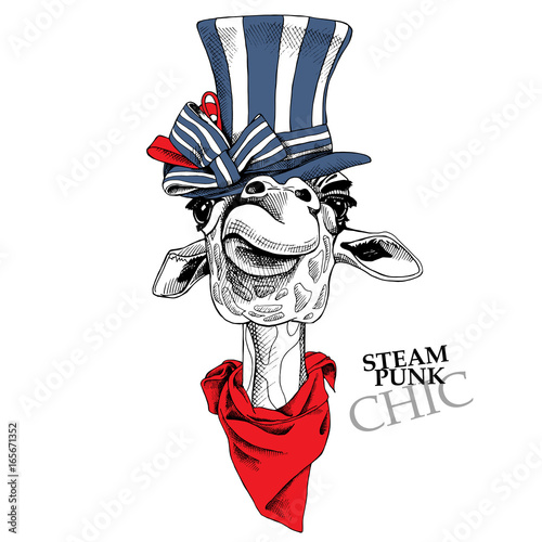 Giraffe portrait in a steampunk hat with cravat. Vector illustration.