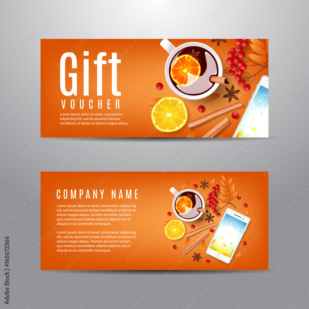 Gift voucher with autumn composition. Unusual design of ...