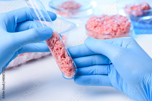 Scienist hand in protective glove hold raw meat in laboratory test tube photo