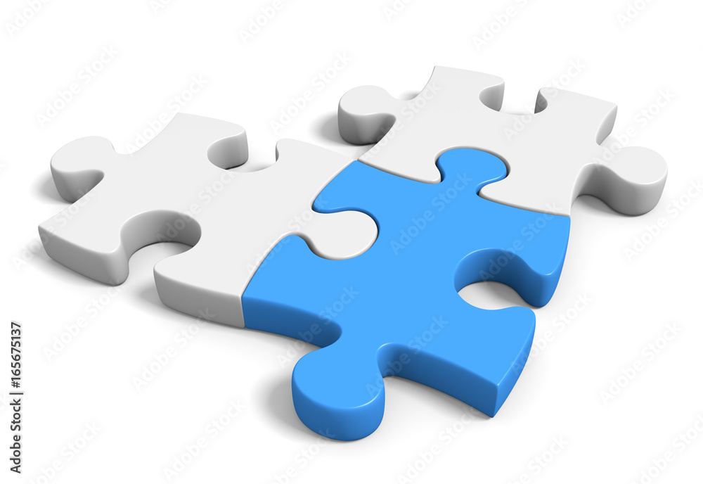 Three connected jigsaw puzzle pieces on a white background, 3D rendering - obrazy, fototapety, plakaty 
