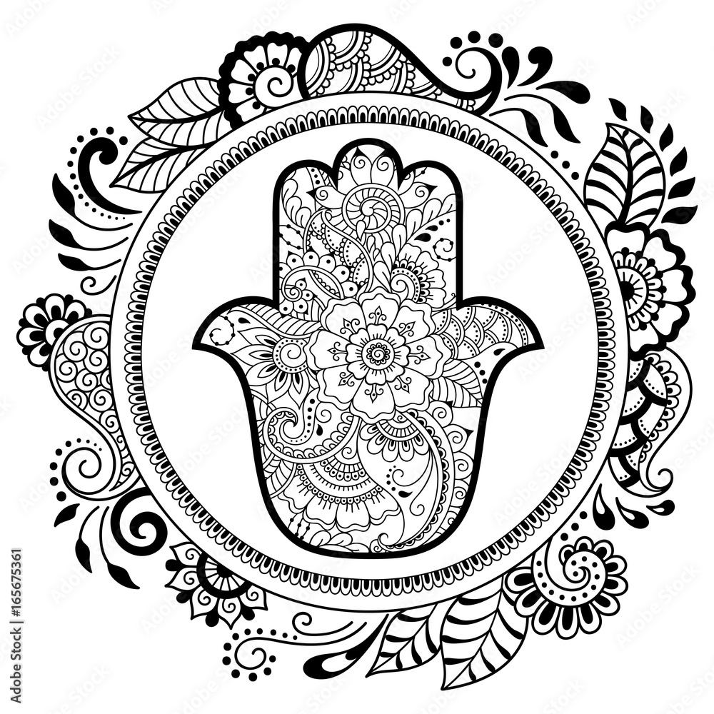 Hamsa hand drawn symbol in mandala. Mehndi style. Decorative pattern in oriental style. For henna tattoos, and decorative design documents and premises. Hamsa hand drawn symbol in mandala. Mehndi style. Decorative pattern in oriental style. For henna tattoos, and decorative design documents and premises.