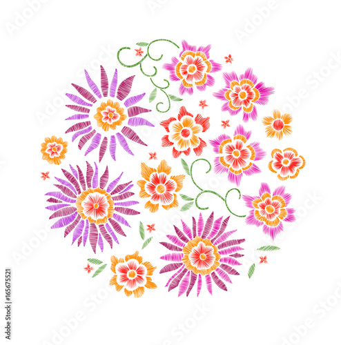 Set of floral pattern with fantasy flowers isolated. Line art. Vector illustration hand drawn. Embroidery design elements - flowers, leaves.