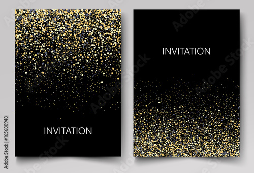 Invitation template with gold glitter confetti background. Festive greeting cards design for event