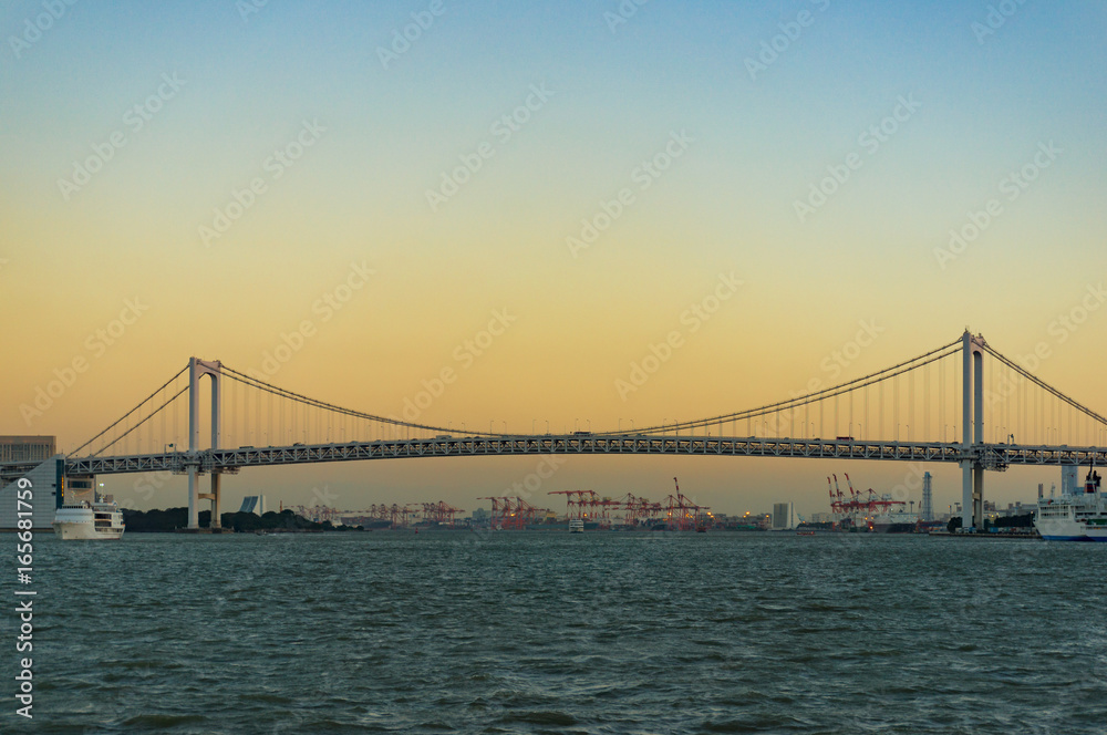 Rainbow bridge over Sumida river in Tokyo, Japan