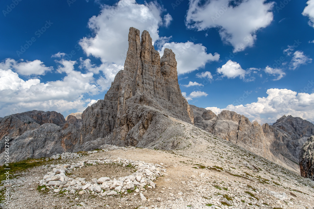 View of Vajolet towers (Torri del Vajolet) in Rosengarten group of Dolomites moutains, Catinaccio, Italy.