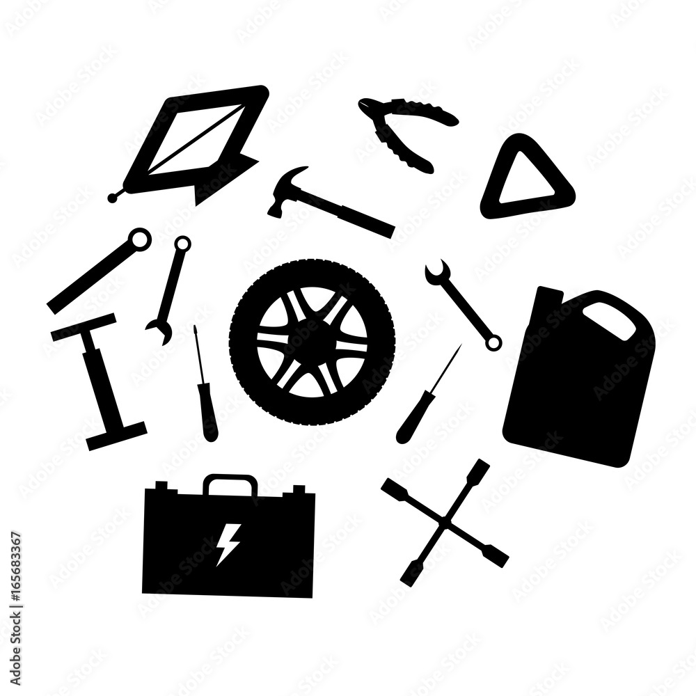 Silhouette design elements of Car service and diagnostic. Auto mechanic  repair of machines. Mechanic Tools and equipment set. Stock Vector