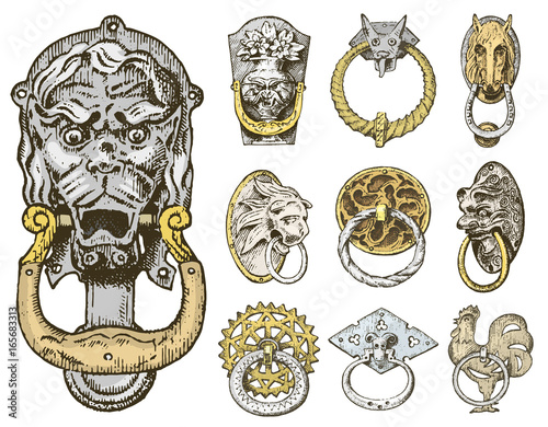Detail ancient building. architectural ornamental elements, wooden door knob, knocker or handles. lion and horse. engraved hand drawn in old sketch, vintage and Antique, baroque or gothic style.