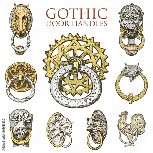 Detail ancient building. architectural ornamental elements, wooden door knob, knocker or handles. lion and horse. engraved hand drawn in old sketch, vintage and Antique, baroque or gothic style.
