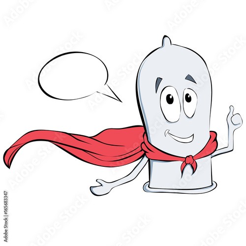 Cartoon condom humanization in vector. Helping condom in cloak. Safe sex. Superhero condom.