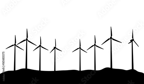 Eco Vector Banner. Black silhouettes of windmills on a white. Ecological background. 