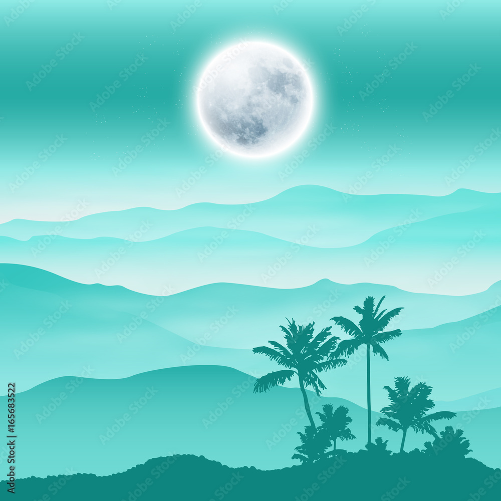 Background with fullmoon, palm tree and mountains in the fog
