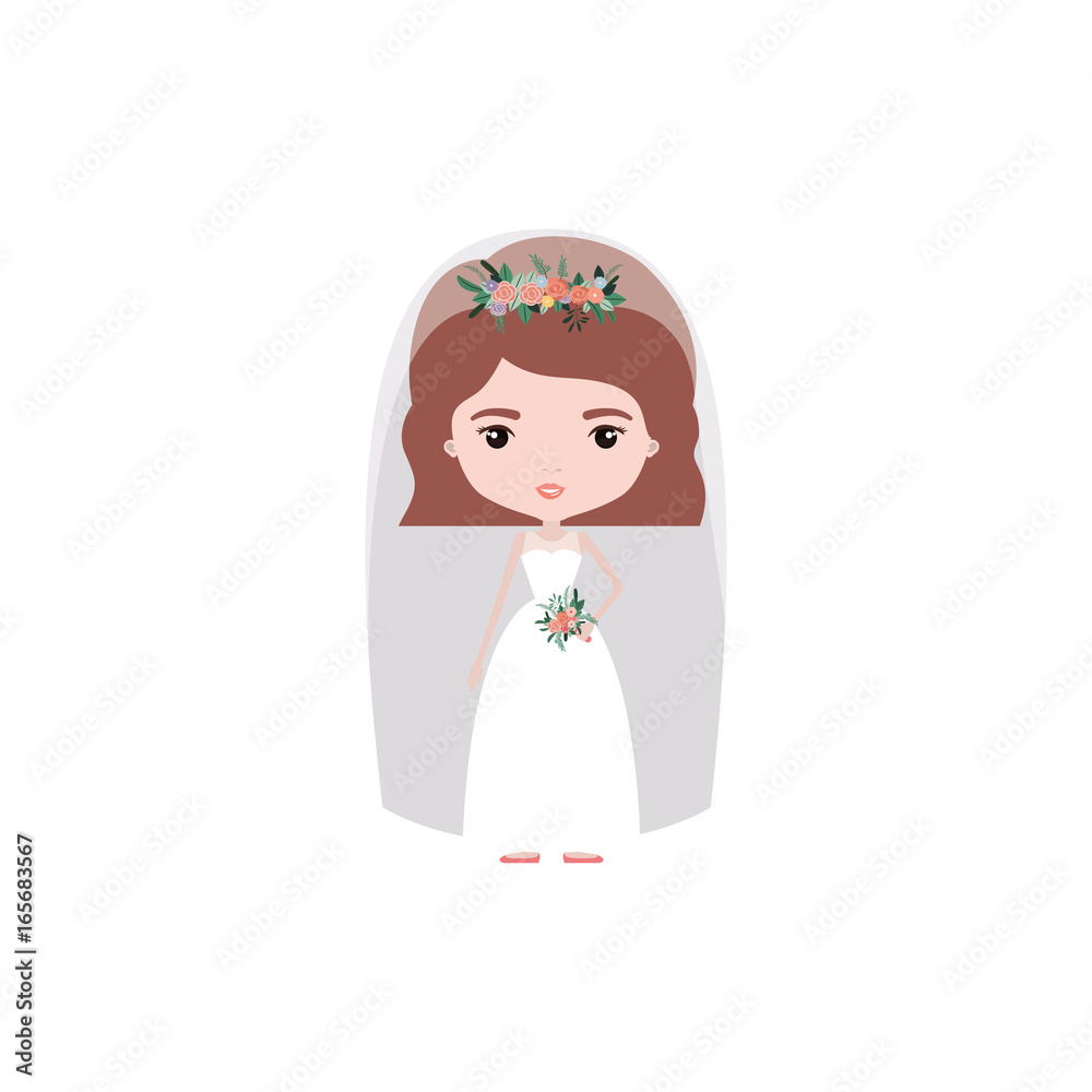 colorful caricature cute woman in wedding dress with wavy short hair colorful caricature cute woman in wedding dress with wavy short hair