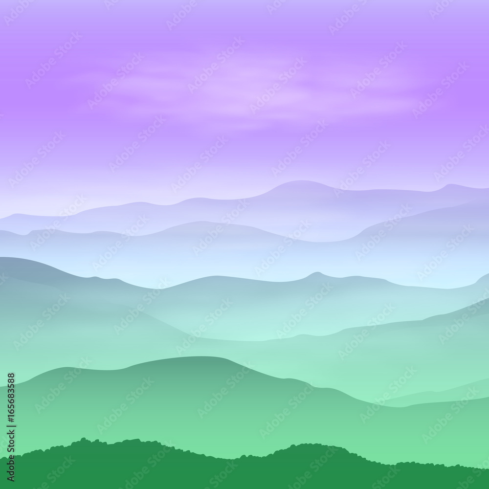 Background with green mountains in the fog. Sunset time.