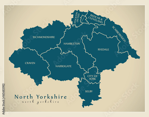 Modern Map - North Yorkshire county with district captions England UK illustration photo