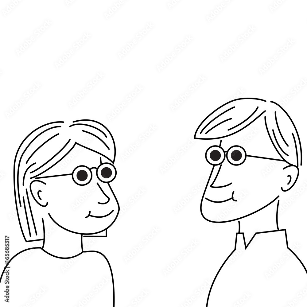 Line drawing of cute young man and woman