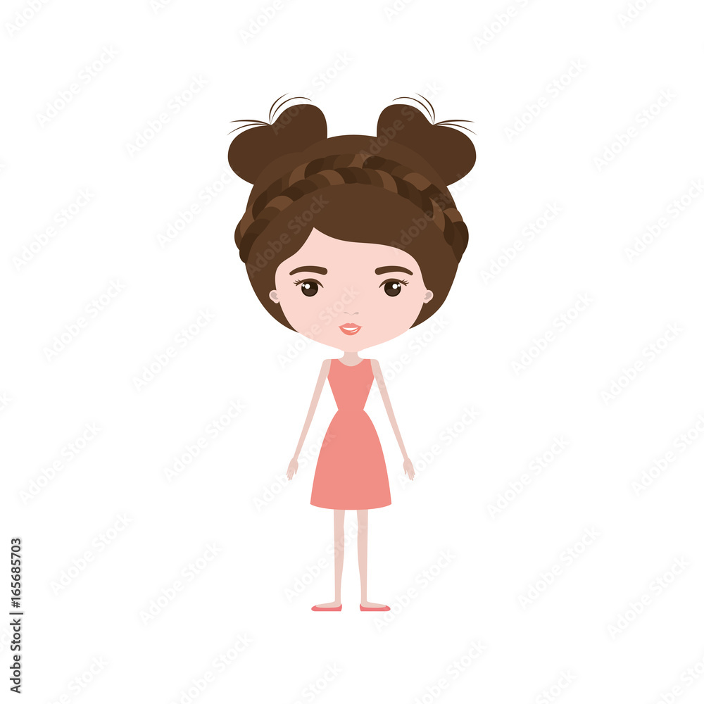 colorful caricature skinny woman in dress with double bun hairstyle and braid colorful caricature skinny woman in dress with double bun hairstyle and braid