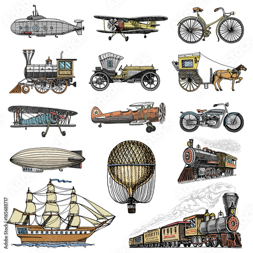 Quadro su tela Submarine, boat and car, motorbike, Horse-drawn carriage