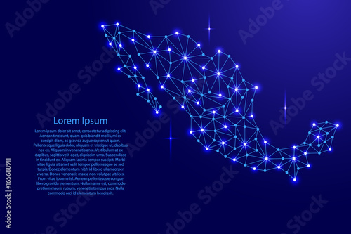 Mexico map of polygonal mosaic lines network, rays and space stars of vector illustration.