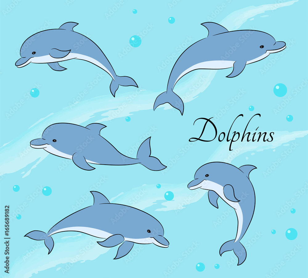 Set of five cute dolphins on sea background. Vector illustration. Set of five cute dolphins on sea background. Vector illustration.