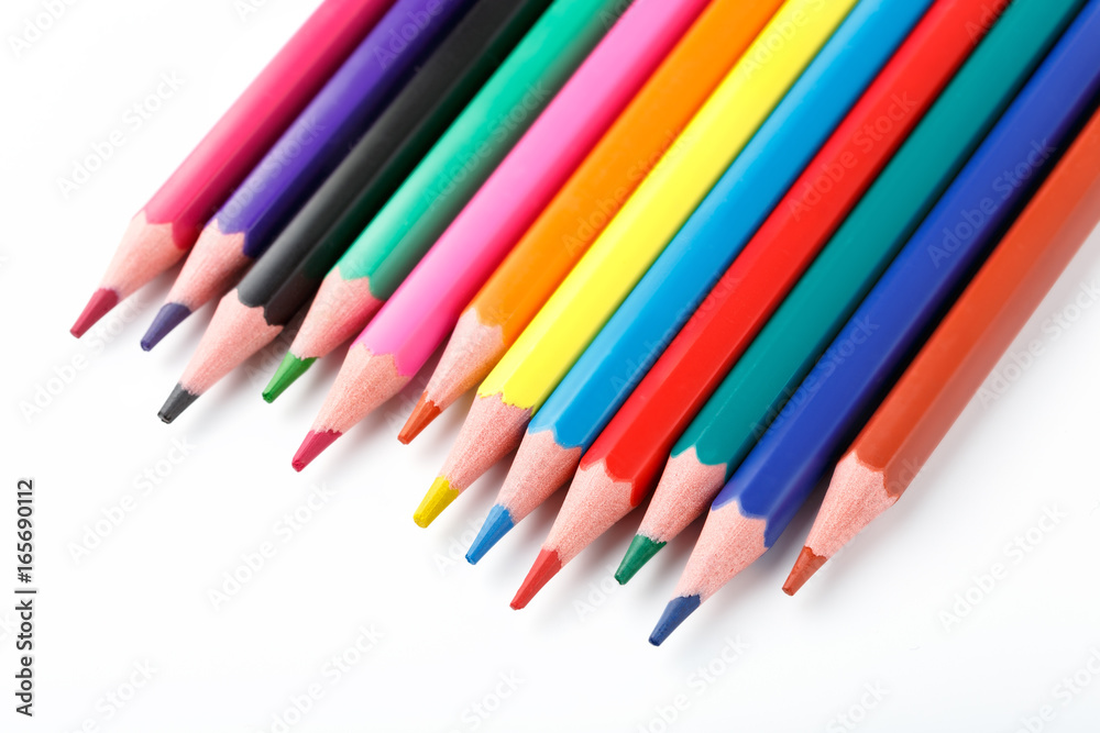 Color pencils isolated on white background. Many different colored pencils. Colored drawing pencils in a variety of colors Color pencils isolated on white background. Many different colored pencils. Colored drawing pencils in a variety of colors