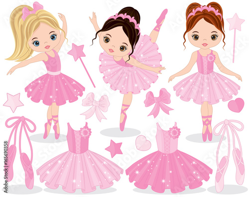 Vector Set with Cute Little Ballerinas, Ballet Shoes and Tutu Dresses