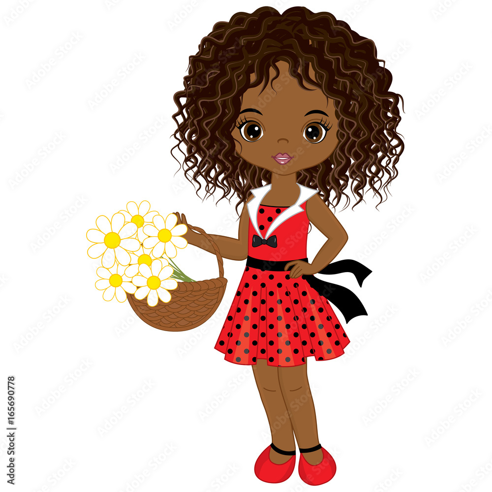 Vector Cute Little African American Girl with Basket of Flowers Stock ...