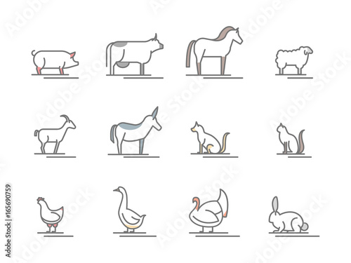 Animals Farm Black Thin Line Icon Set. Vector