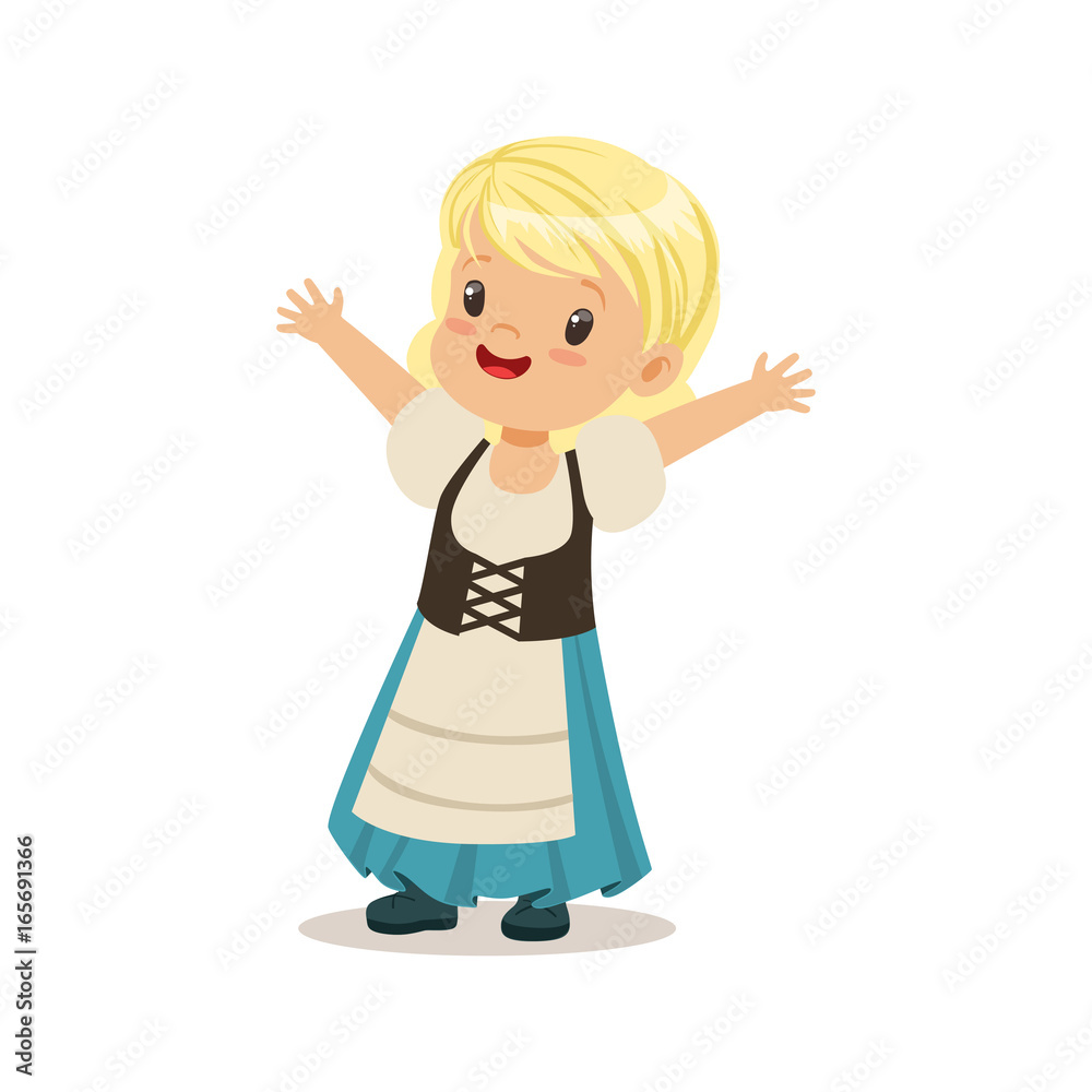 Cute girl wearing blue skirt and corset, national costume of Germany colorful character vector Illustration Cute girl wearing blue skirt and corset, national costume of Germany colorful character vector Illustration