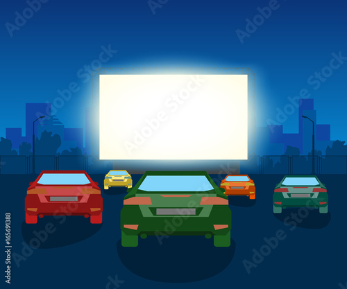 Vector Car Open Air Cinema. Vintage Illustration With Cars And Night City