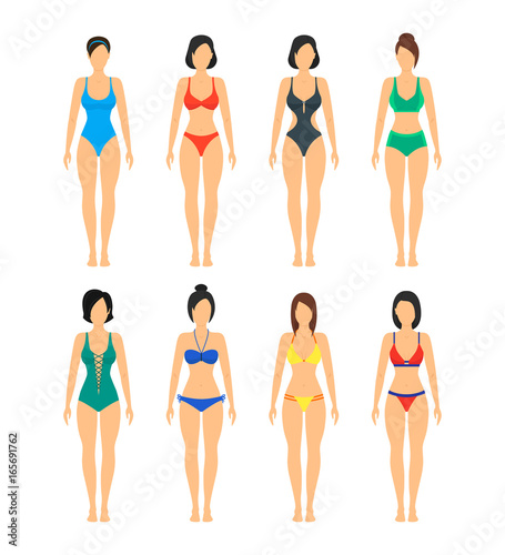 Vector Beautiful girls in Color Bathing Suits Set.
