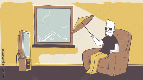Adult craving about vacation. Man in casual outfit sitting home in comfortable armchair and bdreaming about vacation. color modern vector illustration cartoon