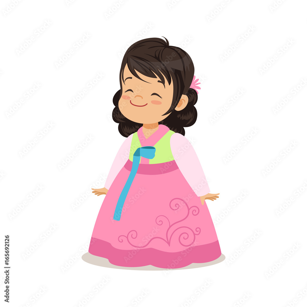 Little girl wearing pink dress, national costume of Korea colorful character vector Illustration Little girl wearing pink dress, national costume of Korea colorful character vector Illustration