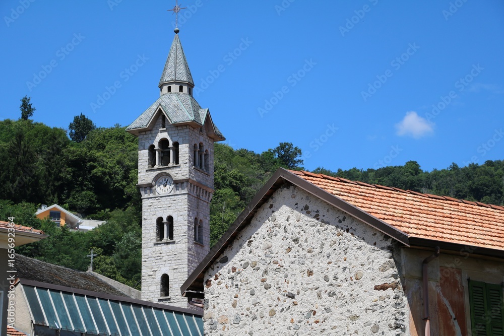 Church tower in Pella at Lake Orta in summer, Piedmont Italy 