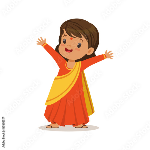 Girl wearing sari dress national costume of India colorful character vector Illustration