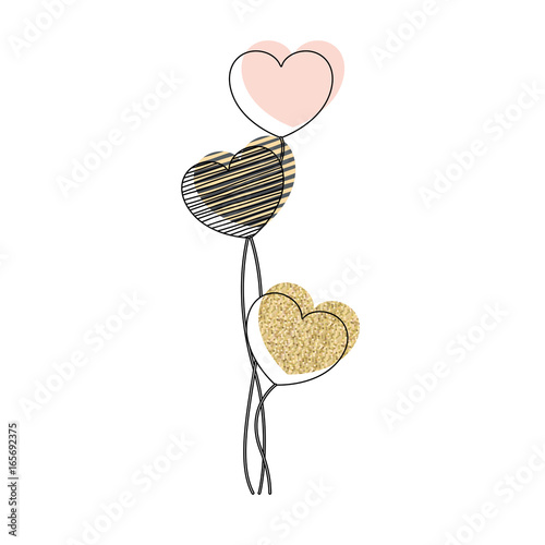 watercolor silhouette of multicolored set of balloons in heart shape striped and pixelated