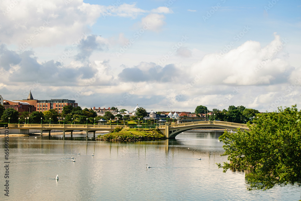 Bridge across the river. City panoramic view, Britain.