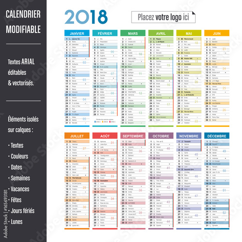 Calendrier 2018 modifiable (éléments isolés sur calques, textes en ARIAL éditables et vectorisés)