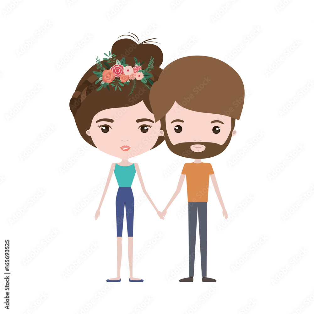 colorful caricature thin couple of bearded man and woman with bun hairstyle and crown of flowers decorative colorful caricature thin couple of bearded man and woman with bun hairstyle and crown of flowers decorative