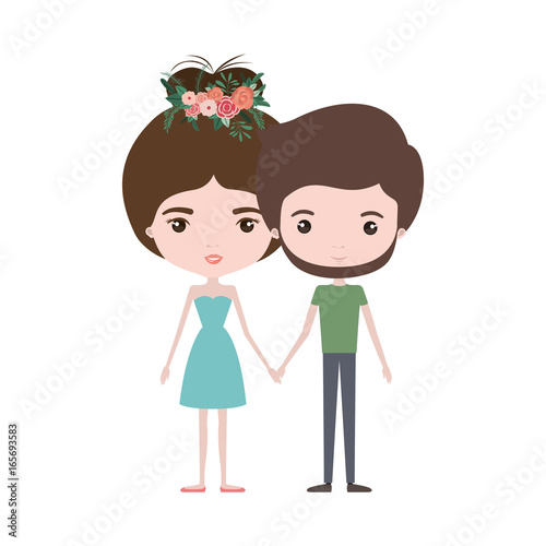 colorful caricature thin couple of bearded man and woman in dress with bun hairstyle and crown of flowers decorative