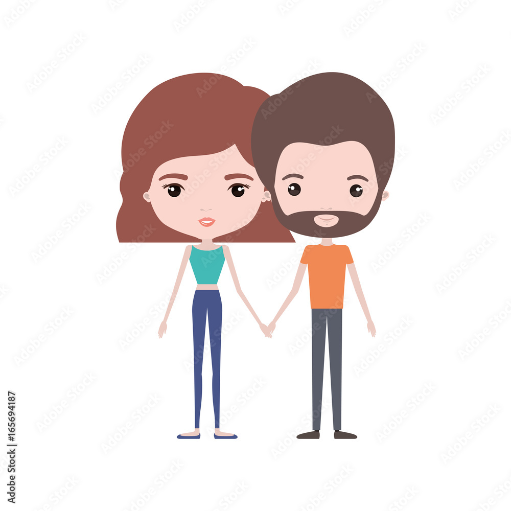 colorful caricature thin couple in clothes of bearded man and woman with wavy short hairstyle holding hands colorful caricature thin couple in clothes of bearded man and woman with wavy short hairstyle holding hands