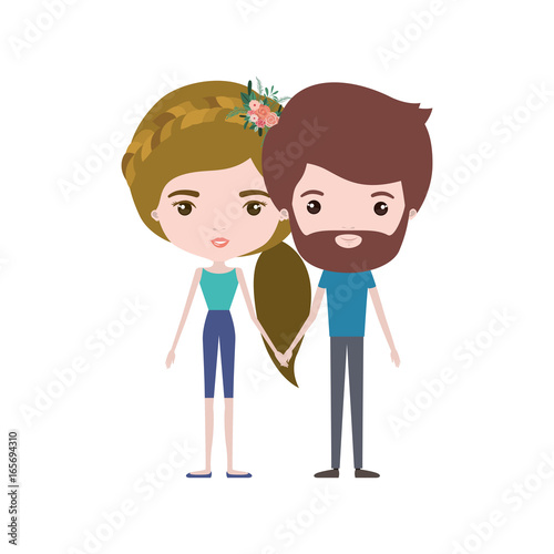 colorful caricature thin couple in clothes of bearded man and woman with side ponytail braided hairstyle holding hands