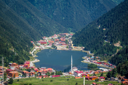 Uzungol(Long Lake):One of the most beautiful tourist places in Turkey.The mountain valley with a trout lake and a small village in Trabzon,Turkey.